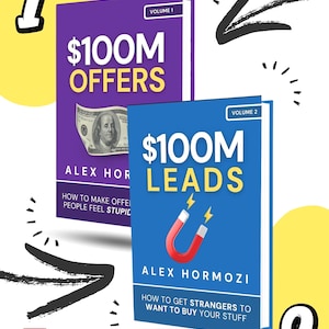 以下が含まれることがあります： 「$100M Offers」と「$100M Leads」というタイトルの2冊の本が表示されています。最初の本は、100ドル紙幣のグラフィックが入った紫色の表紙で、2番目の本は、磁石のグラフィックが入った青色の表紙です。どちらの本にも著者の名前とキャッチフレーズが記載されています。