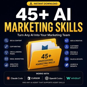 45+ AI-marknadsföringsfärdigheter | SEO, copywriting, CRO, annonser (digital nedladdning)