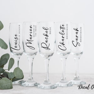 Personalised Bridal Champagne Flute Decal, Bridesmaid Glasses, Bridal Decor, Bridesmaid Gifts, Vinyl Permanent DIY Decals