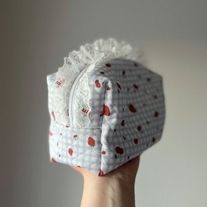 Handmade Cherry/Strawberry Blue Gingham Makeup Pouch with Lace Frill
