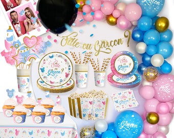 Kit gender reveal party Gender reveal vaisselle jetable + Arche + Ballon révélateur + Animation gender reveal, Assiette fille ou garcon