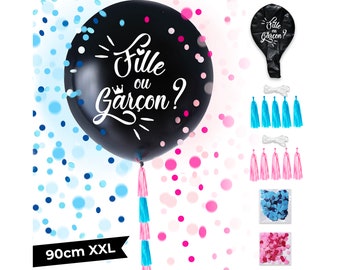 Ballon Gender Reveal géant 90cm 2 Paquets de Confetti 10 guirlandes Rose et Bleu Ballon Révélateur de Genre Fille ou Garçon? Design Français