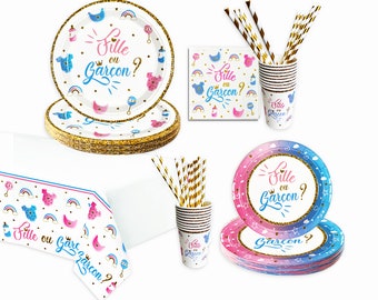 Gender reveal party kit vaisselle jetable fille ou garcon Baby shower fête prénatale Gender reveal assiette Serviette en papier, gobelet