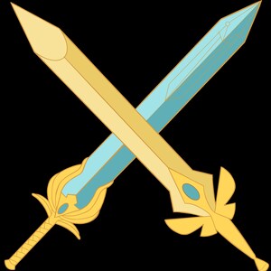 May include: Two crossed swords with gold and light blue blades. The gold sword has a detailed hilt and blade design. The light blue sword has a simple design with gold accents.