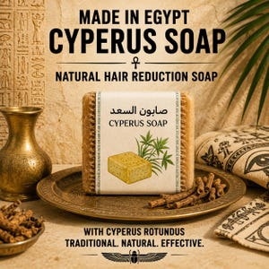 May include: A rectangular bar of Cyperus soap wrapped in a paper label featuring the text "MADE IN EGYPT", "CYPERUS SOAP", and "NATURAL HAIR REDUCTION SOAP". The label displays an illustration of a soap bar and a plant, with Arabic text above.