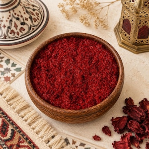 May include: A round wooden bowl filled with deep red, coarse-grained salt or spice. The bowl has a visible wood grain texture and sits alongside dried red hibiscus petals, a decorative metal lantern, and a ceramic lid with intricate patterns.