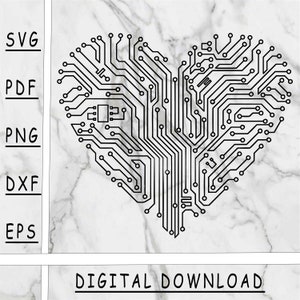Könnte beinhalten: Ein schwarz-weißes Design einer digitalen Leiterplatte in Form eines Herzens. Das Design befindet sich auf einem weißen Marmorhintergrund.  DIGITAL DOWNLOAD ist in schwarzer Schrift am unteren Rand des Bildes zu sehen.