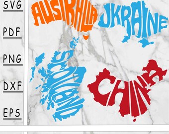 Countries word art Svg bundle #3, Png, Dxf, Pdf, Eps, Digital product, instant download, wall decor, Australia, Ukraine, Scotland, China