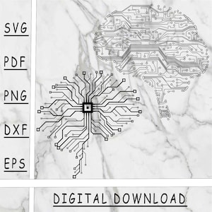 May include: A digital download of two black and white circuit board designs in the shape of a brain. The designs are on a white marble background with the text "DIGITAL DOWNLOAD" at the bottom.