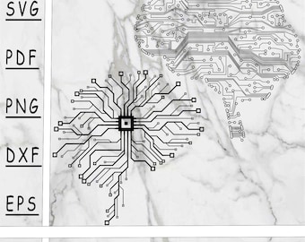 May include: A digital download of two black and white circuit board designs in the shape of a brain. The designs are on a white marble background with the text "DIGITAL DOWNLOAD" at the bottom.