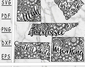 May include: Five black and white digital downloads of state outlines with intricate mandala designs and the state name written in a stylized font. The states are Utah, South Carolina, Tennessee, South Dakota, and Wyoming.