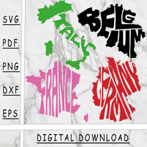 Länder Word Art SVG Bundle #4, Png, Dxf, Pdf, Eps, digitales Produkt, sofort download, Wanddeko, Italien, Belgien, Frankreich, Deutschland