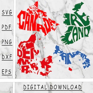 Länder Wort Kunst #6, Png, Dxf, Pdf, Eps, digitales Produkt, sofortiger Download, Wanddekor, Kanada, Dänemark, Irland, Panama