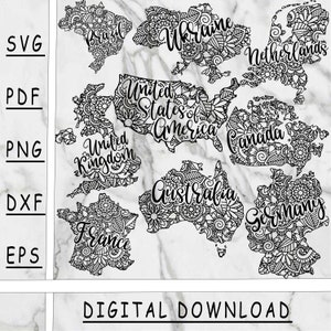 May include: Black and white digital download featuring intricately designed maps of various countries, including the United States, Canada, and Australia. The maps are filled with floral patterns and labeled with country names. The image also includes file type options.