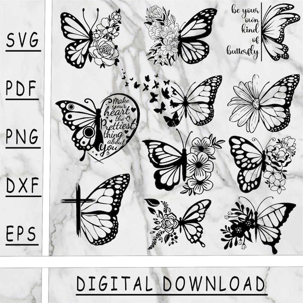 Lot de papillons SVG, téléchargement numérique, silhouette de papillon fleur, Cricut, fichier de coupe silhouette, fichier de coupe papillon