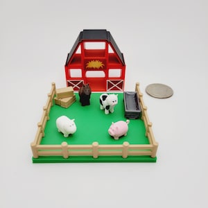 May include: A red barn with a green field and a fence. There are four farm animals: a brown horse, a black and white cow, a white pig, and a pink pig.