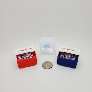 May include: Miniature red and blue coolers with white lids, each filled with tiny soda cans. A small bag of ice and a quarter are next to the coolers. The coolers have the word "Playmate" printed on the lid.