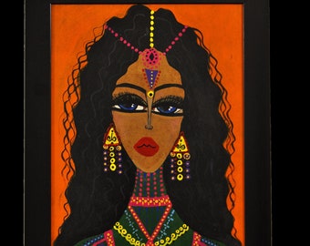 Bohemian Woman Portrait, Intricate Anatolian Motifs Art, Ethnic Woman Figure, Handmade Acrylic on Wood, Original Signed Art Piece