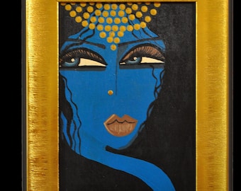 Portrait Of Blue, Blue Woman with Gold Gilding Detail, Handmade Acrylic on Wood, Original Signed Art Piece, Gold Framed Feminine Wall Art