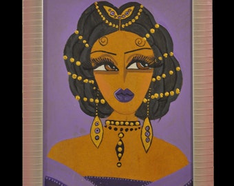 Golden Skin Woman Portrait, Ethnic Woman Figure, Handmade Acrylic on Wood, Original Signed Art Piece, Portrait,  Framed Artwork,