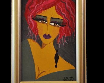 Red-Haired Romantic Woman Portrait, Handmade Romantic Art Painting, Framed and Handmade Custom Acrylic Painting Original Signed Piec