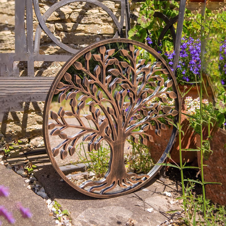 Tree of Life Outdoor Garden Wall Mirror Grey or Bronze Distressed Decor with Robin Birds Makes a Great Memorial 650mm x 650mm Bronze