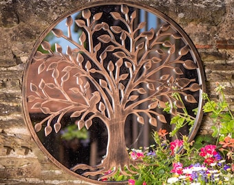 Tree of Life Outdoor Garden Wall Mirror - Grey or Bronze Distressed Decor with Robin Birds Makes a Great Memorial 650mm x 650mm