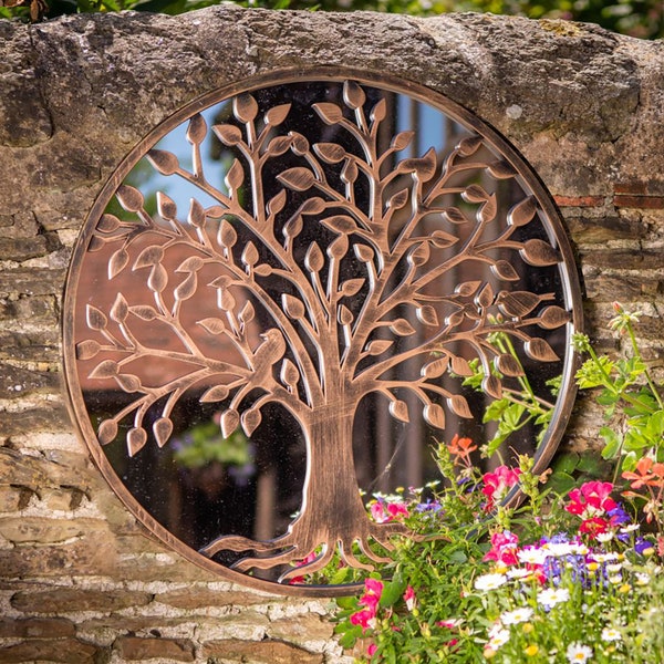 Tree of Life Outdoor Garden Wall Mirror - Grey or Bronze Distressed Decor with Robin Birds Makes a Great Memorial 650mm x 650mm