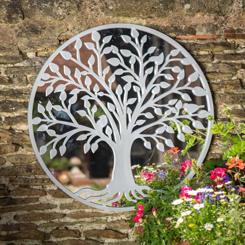 Tree of Life Outdoor Garden Wall Mirror Grey or Bronze Distressed Decor with Robin Birds Makes a Great Memorial 650mm x 650mm Grey