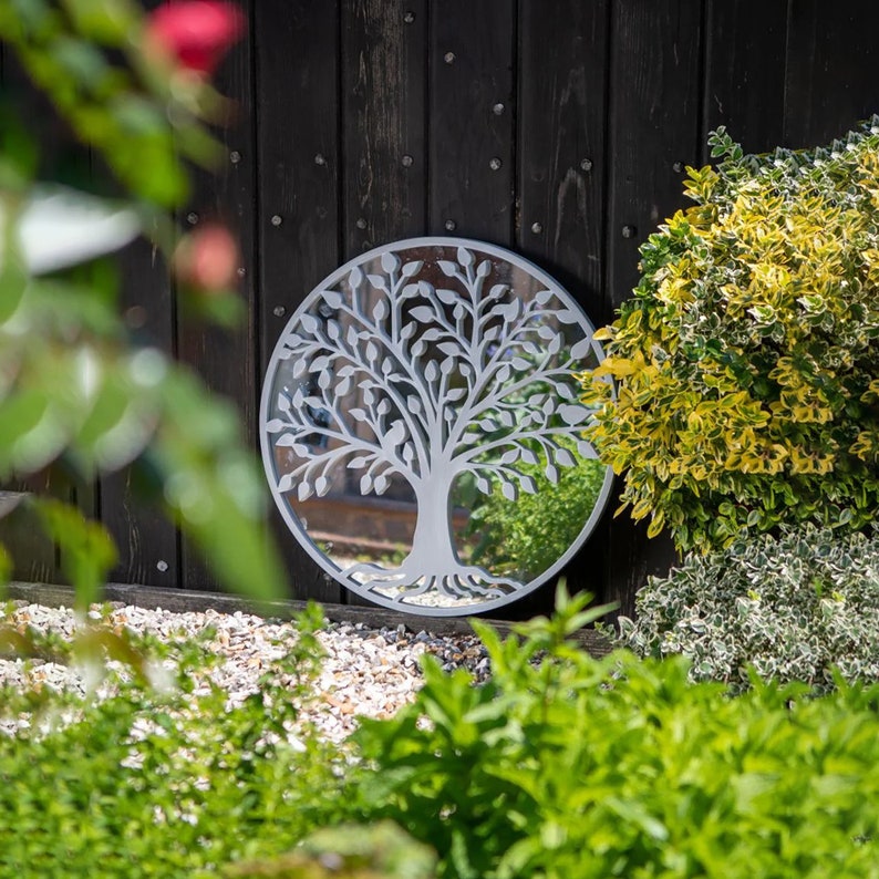 Tree of Life Outdoor Garden Wall Mirror Grey or Bronze Distressed Decor with Robin Birds Makes a Great Memorial 650mm x 650mm image 6