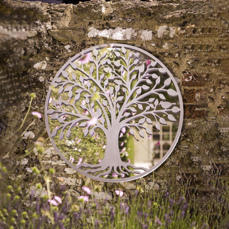 Tree of Life Outdoor Garden Wall Mirror Grey or Bronze Distressed Decor with Robin Birds Makes a Great Memorial 650mm x 650mm image 8