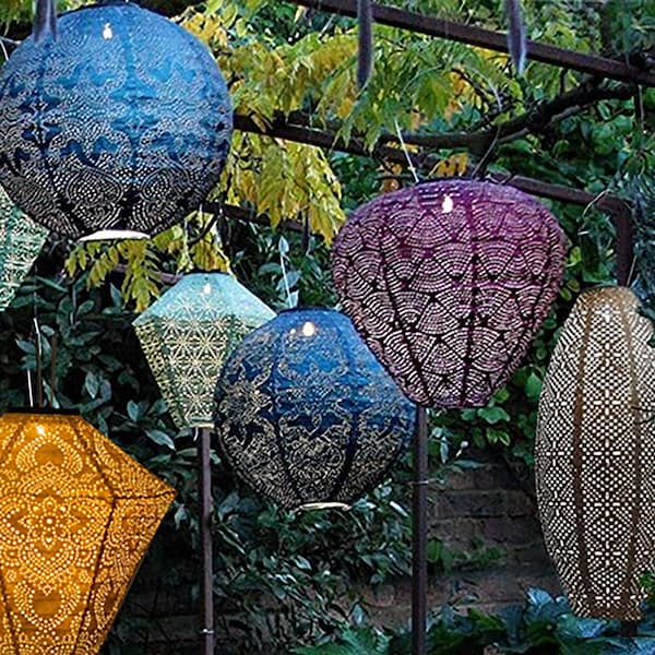 Solar Powered LED Large Garden Lantern Outdoor Light - Select Colours & Shapes - Moroccan Blue Diamond Yellow Oval Silver Long Oval Green