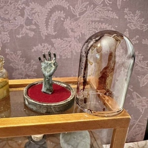 1:12 Miniature Zombie Hand in Dome Jar- diorama mystery- curiosity- dollhouse asylum prop- corpse arm spooky decoration