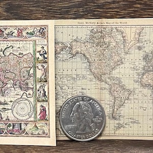May include: Three antique maps of the world, printed on paper with a cream background. The maps are framed in a decorative border with a floral design. The maps are in different styles, with one showing the continents in a more modern style, and the other two showing the continents in a more traditional style.