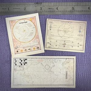 May include: Three vintage-style paper prints. One depicts "THE SOLAR SYSTEM" with a central sun and planets. Another shows a celestial diagram. The third is a world map with a compass rose and text.