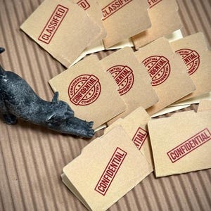 May include: A pile of brown paper folders with red "CLASSIFIED" and "CONFIDENTIAL" stamps on them.
