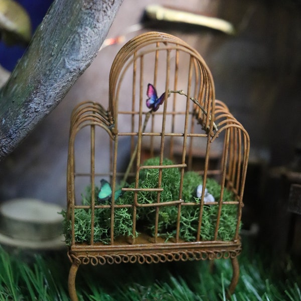 1:12 Butterflies in a Bird Cage- Dollhouse miniature whimsical decorations- diorama fairy garden- museum curiosity display-