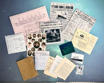 May include: A collection of miniature historical documents and ephemera, including newspaper clippings with headlines like "TITANIC SINKS, 1500 DIE" and "1,500 PERISH ON LINER TITANIC". Also includes a ship blueprint and portraits.