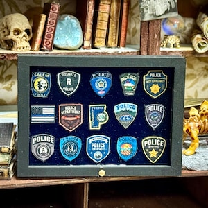 May include: A display case with a collection of police badges. The badges are in various shapes and colors, with text such as "POLICE" and city names. The case is set against a backdrop of books and decorative items.