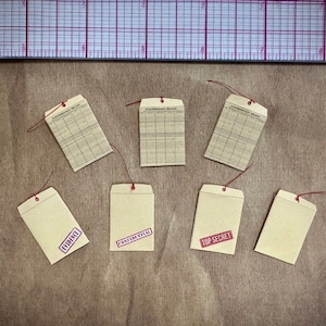 May include: Six small brown envelopes with red string ties. Three envelopes have printed text that says "Confidential Record" and three envelopes have red stamps that say "Evidence", "Confidential", and "Top Secret".