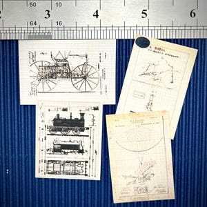 May include: Four vintage drawings on white paper, each with a different invention. The first drawing shows a carriage with wheels and a detailed engine. The second drawing shows a train engine with wheels and a smokestack. The third drawing shows a bicycle with a detailed design. The fourth drawing shows a parachute with a person attached to it.