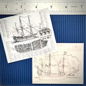 May include: Two black and white line drawings of ships on white paper. The top drawing is a detailed plan of a ship with the text "Le SOLEIL" and "1715" visible. The bottom drawing is a side view of a ship with the text "1715" visible.