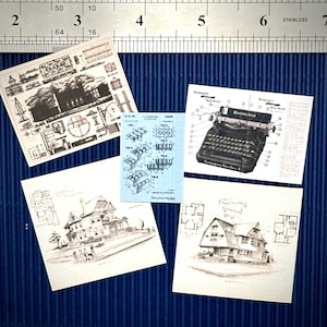 May include: Five vintage architectural blueprints, including a house plan, a typewriter instruction manual, and a patent drawing. The blueprints are printed on cream-colored paper with black ink.