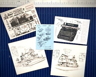 May include: Five vintage architectural blueprints, including a house plan, a typewriter instruction manual, and a patent drawing. The blueprints are printed on cream-colored paper with black ink.