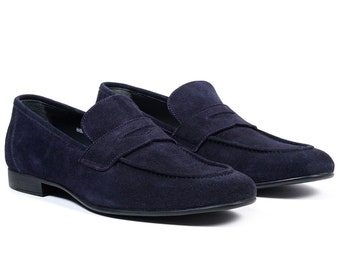 Tenor Navy Blue Suede Genuine Leather Classic Handmade Men's Shoes, Gift for him | Tezcan Shoes