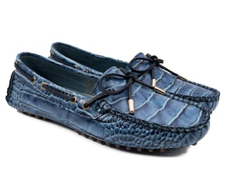 Patara Blue Crocodile Pattern Genuine Leather Loafer Shoes for Women