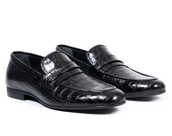 Fantasie Black Crocodile Patterned Genuine Leather Classic Men's Handmade Shoes