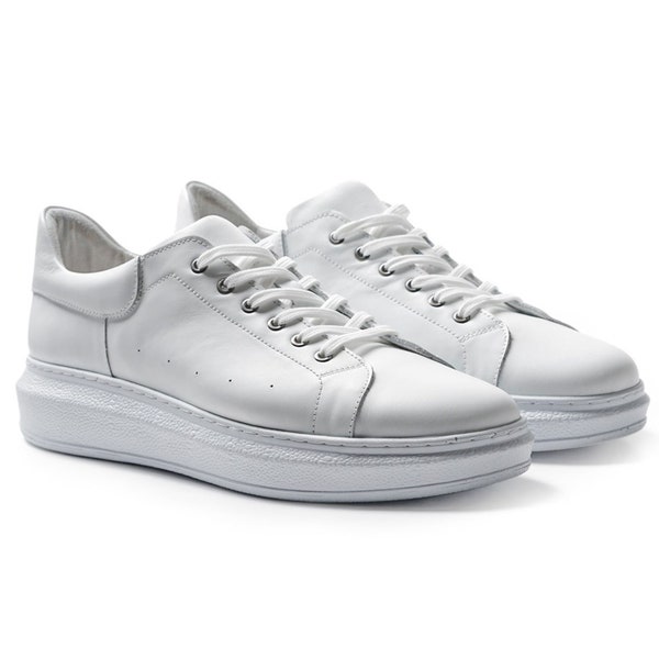Strada White Leather-White Base Genuine Leather Men's Shoe Sneaker