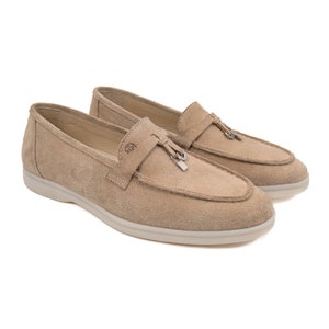 Meya Women's Beige Powder Genuine Suede Leather Loafer Shoes