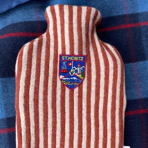 Striped Wool Hot Water Bottle with Vintage Ski Patch